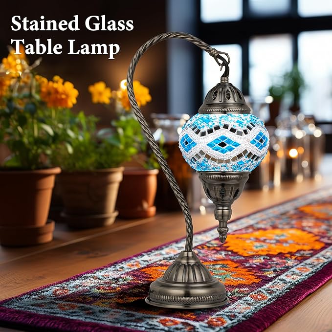 Marrakech Tiffany Lamp Morrocan Table Lamp with Vintage Style, Handmade Turkish Mosaic Lamps with Swan Neck Bronze Base Including LED Bulb for Living Room Bedroom Decor (Blue2)