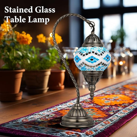Marrakech Tiffany Lamp Morrocan Table Lamp with Vintage Style, Handmade Turkish Mosaic Lamps with Swan Neck Bronze Base Including LED Bulb for Living Room Bedroom Decor (Blue2)