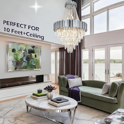 Large Crystal Chandelier for High Ceilings Foyer Entryway Hanging Chandelier Lighting Chrome 30'' Tall