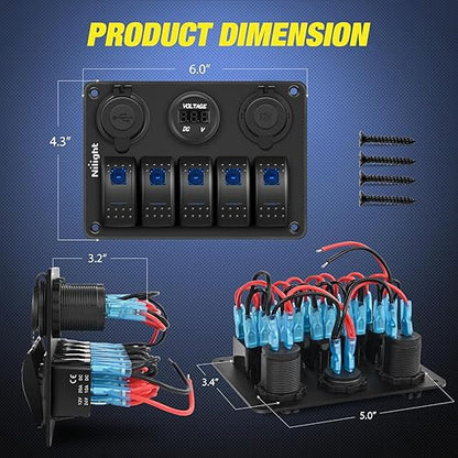 Nilight 5 Gang Rocker Switch Panel Pre-Wired Aluminum with PD Type C and USB Cigarette Lighter Socket Voltmeter 12V 24V ON Off Toggle Switches for Car Trucks Boats RVs