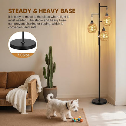 ROTTOGOON Dimmable Boho Floor Lamp - 3 Light Farmhouse Rattan Floor Lamps for Living Room, Tree Floor Lamps with Bohemian lampshades, Rustic Standing Tall Lamps for Bedroom, Office, 68", 6W, Black