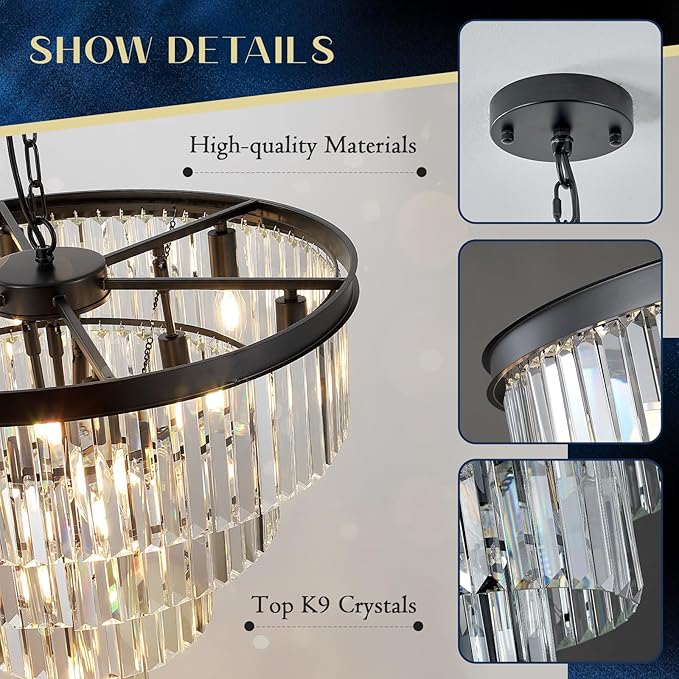 Black Crystal Chandeliers 12 Lights Luxury 24" Round Chandelier 4-Tier Modern Ceiling Pendant Light Fixture K9 Crystal Lighting for Living Room Dining Room Staircase Foyer