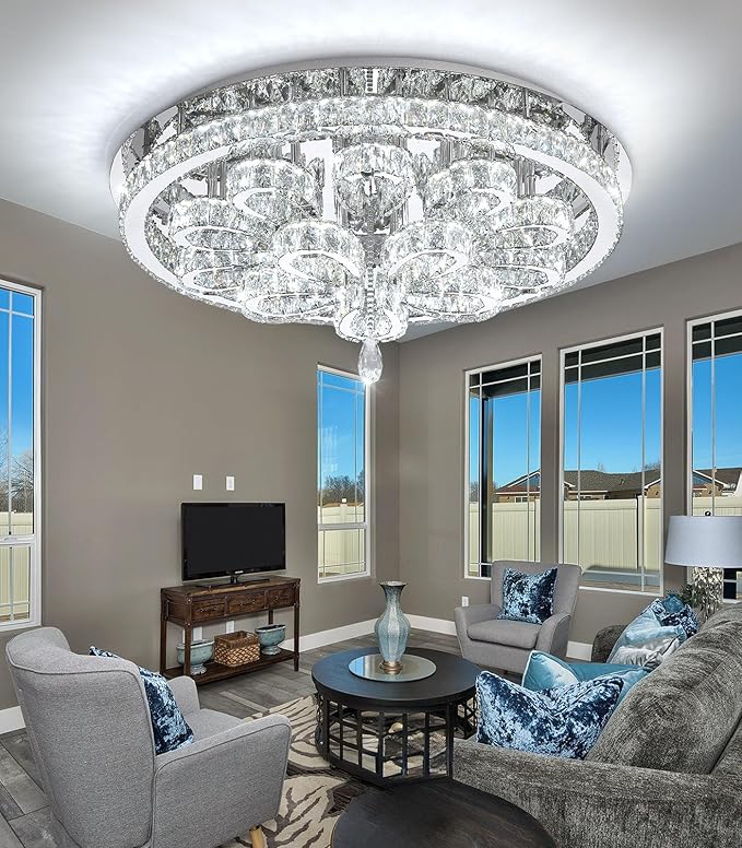 Modern Chandeliers for Living Room Crystal Chandelier Ceiling Light Fixture LED Dimmable with Remote Pendant Lighting Flush Mount Lighting for Dining Room Bedroom Silver