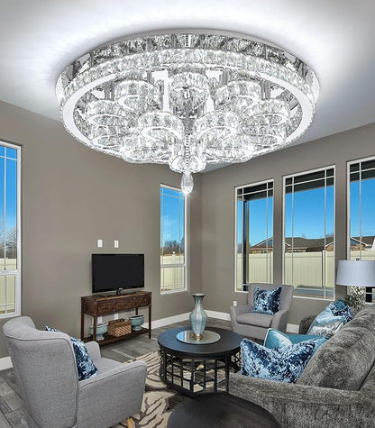 Modern Chandeliers for Living Room Crystal Chandelier Ceiling Light Fixture LED Dimmable with Remote Pendant Lighting Flush Mount Lighting for Dining Room Bedroom Silver