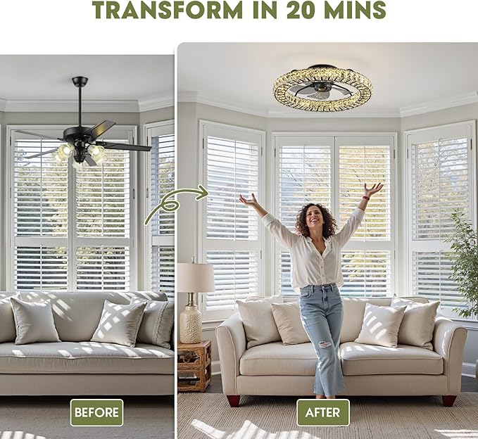 LUDOMIDE Flush Mount Ceiling Fan with Light, 22" Modern Crystal Chandelier Ceiling Fan with Smart 4-Light Color Change, Dimmable LED Ceiling Fan, 6 Wind Speeds, Low Profile Ceiling Fan for Bedroom