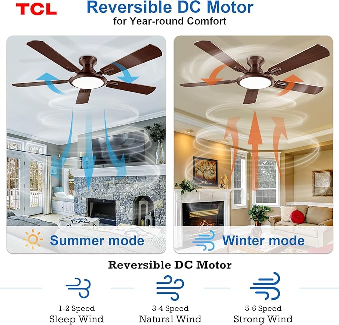 TCL 52" Ceiling Fan with Light: Wood Grain Blades Copper Bronze Finish Low Profile Ceiling Fan with Light and Remote Control Flush Mount DC Reversible Motor Noiseless 6 Speeds for Bedroom(Brown)