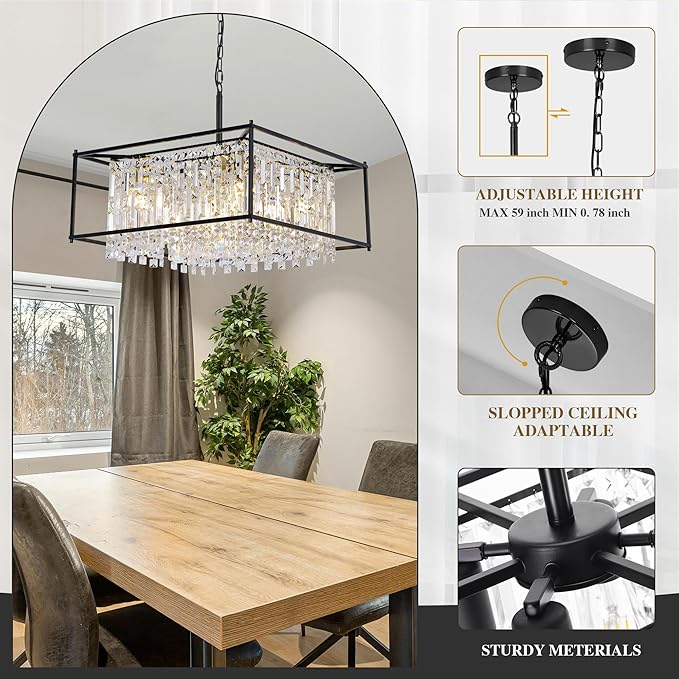 Miuyhji Black Chandeliers for Dining Room, Black Square Lndustrial Chandelier Crystal Pendant Light for Kitchen Island Dining Room Living Room Flat and Inclined Ceiling,L24 x W24 x H17.5