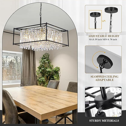 Miuyhji Black Chandeliers for Dining Room, Black Square Lndustrial Chandelier Crystal Pendant Light for Kitchen Island Dining Room Living Room Flat and Inclined Ceiling,L24 x W24 x H17.5