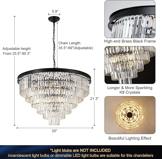 A AXILIXI 35'' Large Crystal Chandeliers 6-Tier Modern Black K9 Crystal Ceiling Pendant Light 22-Light Luxury Round Crystal Chandelier for High Ceiling Entryway Staircase Living Room Foyer