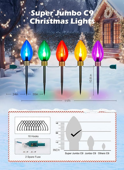Super Jumbo C9 Christmas Pathway Lights Outdoor - 2 Pack Total 22FT 10 LED C9 Walkway Light, Multicolor Christma Decoration Outside, Giant Christmas Lights Outdoor for Lawn Holiday Yard