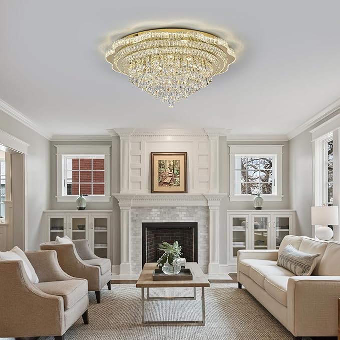 40" Gold Crystal LED Ceiling Light Fixture with Remote Control,Large Flush Mount Chandelier with 3-Color Dimmable for Living Room Bedroom Dining Room