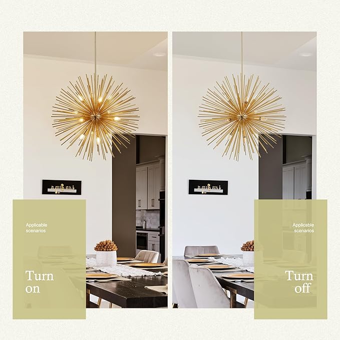 31.5" Gold Sputnik Chandelier 12-Light, Mid Century Modern Starburst Ceiling Light with Adjustable Chain, Industrial Globe Pendant Light Fixture for Dining Room Kitchen Island Living Room Foyer