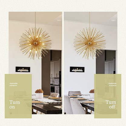 31.5" Gold Sputnik Chandelier 12-Light, Mid Century Modern Starburst Ceiling Light with Adjustable Chain, Industrial Globe Pendant Light Fixture for Dining Room Kitchen Island Living Room Foyer