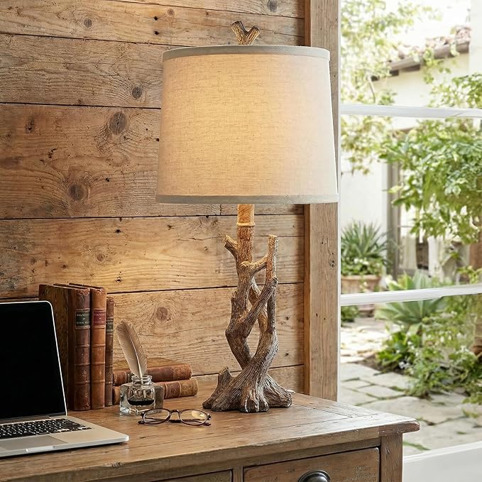 OYEARS 23" Rustic Farmhouse Table Lamp Country Cottage Lamps for Nightstand Tree Trunk Wood Grain Lamp for Bedroom Living Room with Oatmeal Fabric Round Shade Resin Bedside Lamp