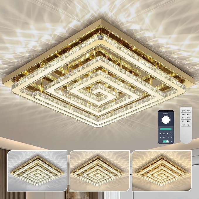 43 inch Gold Crystal Chandelier with Remote/APP Control, 3 Color Temperature Light Fixture & Brightness Adjustable, Modern Flush Mount LED Ceiling Light Fixture for Living Room Kitchen Dining Room