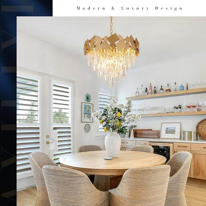 Modern Crystal Chandeliers Dining Room Chandelier over Table Gold Crystal Ceiling Pendant Light 24'' Chandelier k9 Luxury Hanging Lamp Fixtures Round Chandelier for Entryway Foyer Dining Room Bedroom