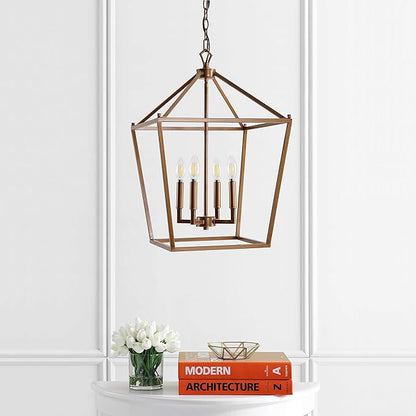 JONATHAN Y 16" Antique Gold Lantern Pendant Light, 4-Light Pagoda Style Metal Cage Farmhouse Hanging Ceiling Fixture for Kitchen Island, LED Bulb Included (JYL7437B)