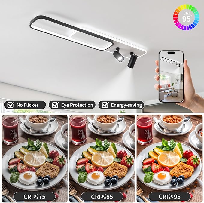EIDISUNY Modern LED Ceiling Light Remote Control, 39.3in Linear Ceiling Light with 2 Adjustable Spotlights 65W, Dimmable 3CCT, Long Ceiling Light Fixture for Bedroom Kitchen Living Room