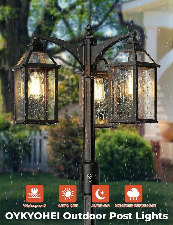 Outdoor Lamp Post Motion Sensor, Dusk to Dawn Pole Lights 3-Head, Classic Black 360°Detection Waterproof Anti-Rust Aluminum Street Lighting for Yard Backyard Patio Driveway