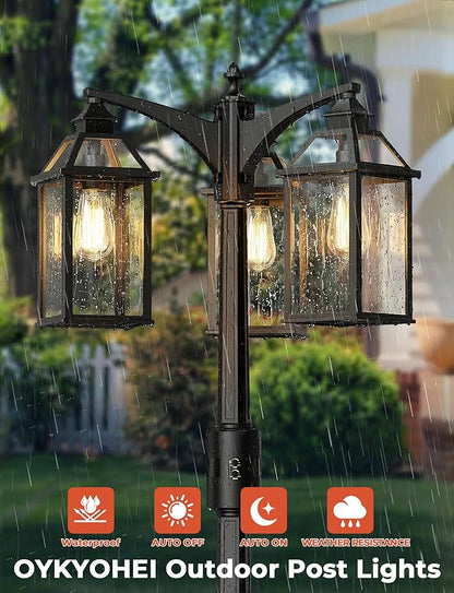 Outdoor Lamp Post Motion Sensor with Outlet, Dusk to Dawn Pole Lights 3-Head, Classic Black 360°Detection Waterproof Anti-Rust Aluminum Street Lighting for Yard Backyard Patio Driveway
