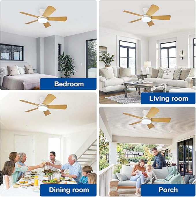 35-Inch Ceiling Fans with Lights: Wood Low Profile Ceiling Fan with Light and Remote Control - Reversible Flush Mount Fans - 3CCT Dimmable Small Ceiling Fan for Bedroom Indoor/Outdoor Use
