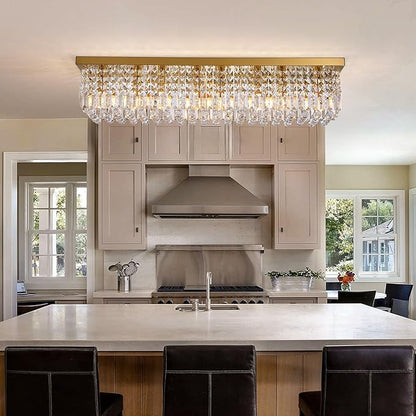 8-Light Gold Crystal Chandelier, Modern K9 Crystal Rectangle Chandelier for Dining Room Kitchen Island Hanging Pendant Light Fixture, L40 x W10 x H10