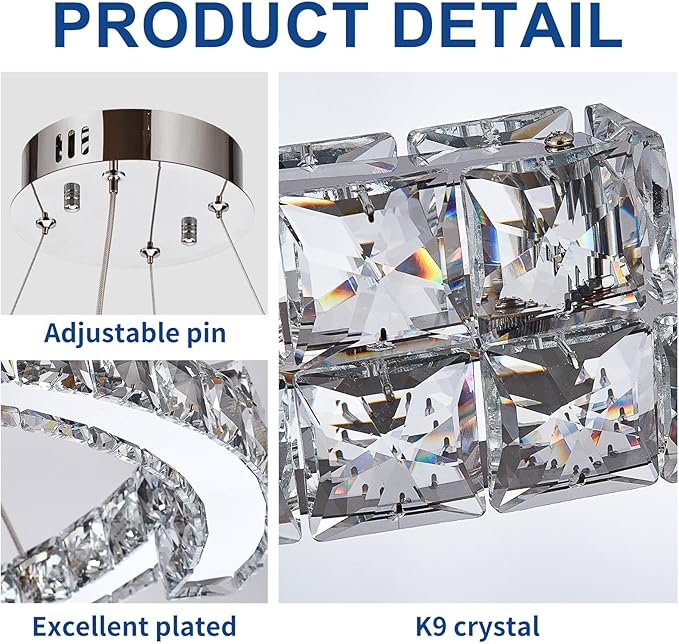 Depuley Modern LED Crystal Chandeliers: 23.6" Curved Ring Chandelier Hanging Crystal Ceiling Light Fixture - 42W Adjustable Height Pendant Light for Living Room Dining Room Bedroom Foyer