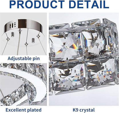 Depuley Modern LED Crystal Chandeliers: 23.6" Curved Ring Chandelier Hanging Crystal Ceiling Light Fixture - 42W Adjustable Height Pendant Light for Living Room Dining Room Bedroom Foyer