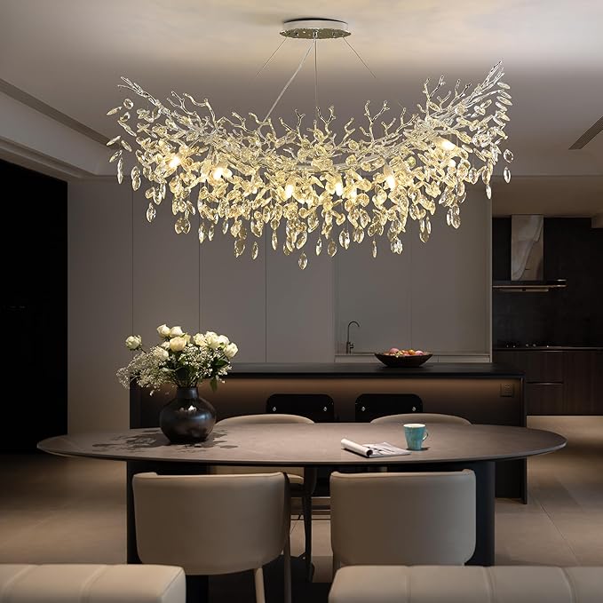 Rectangle Crystal Tree Branch Chandelier, L40'' Modern Luxury Chrome Linear Art Deco Raindrop Pendant Lighting Fixture for Kitchen Island Foyer Living Room Dining Room 10 Lights