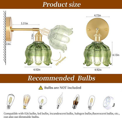 Wireless Wall Sconce with Flower lampshade, Battery Operated Wall Lights,Wall lamp with 15 Colors for Bedroom Living Room Home Decor (Green, 1 Light Battery Operated)
