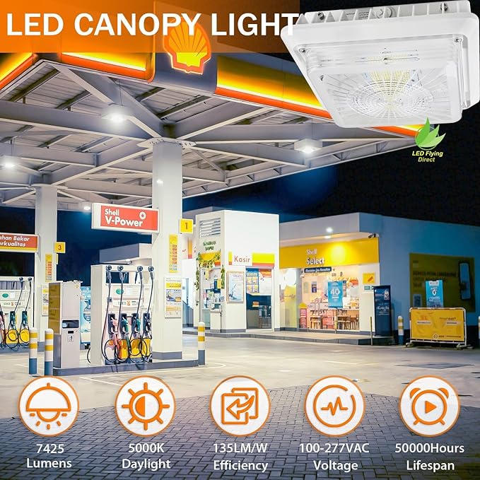 55W LED Garage Canopy Light, 7425LM 5000K LED Gas Station Canopy Ceiling Light(250W HPS/MH Equiv),for Commercial Residential Lighting 100-277V AC, 5 Year Warranty, IP65 UL Listed