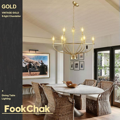 9-Light Gold Light Fixture Vintage Candle Chandelier Lighting 30in Mid-Century Modern Brass Dining Room Chandelier Over Table for Kitchen Island Living Room FoyerBedroom, E12