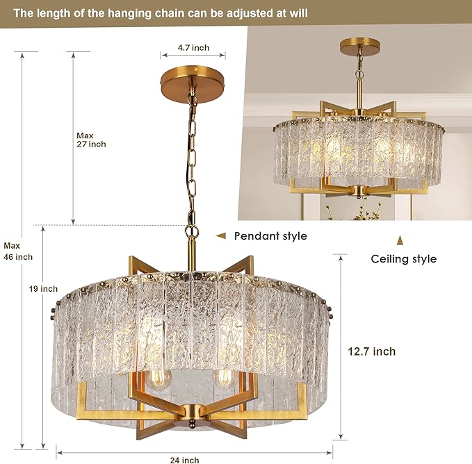 Gold Crystal Chandeliers for Dining Room, 24" Modern Drum Chandelier,Water Ripple Glass, Adjustable Height, Pendant Dining Room Light Fixture for Kitchen Island Hallway Entryway Foyer