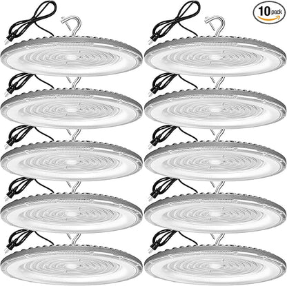 XYCN 10 Pack 300W UFO Led High Bay Light,120VAC,5000K Daylight Commercial Bay Lighting,IP66 Waterproof,45050LM,1300W MH/HPS with Plug Area Light for Warehouse/Shop/Workshop/Barn/Gym/Factory