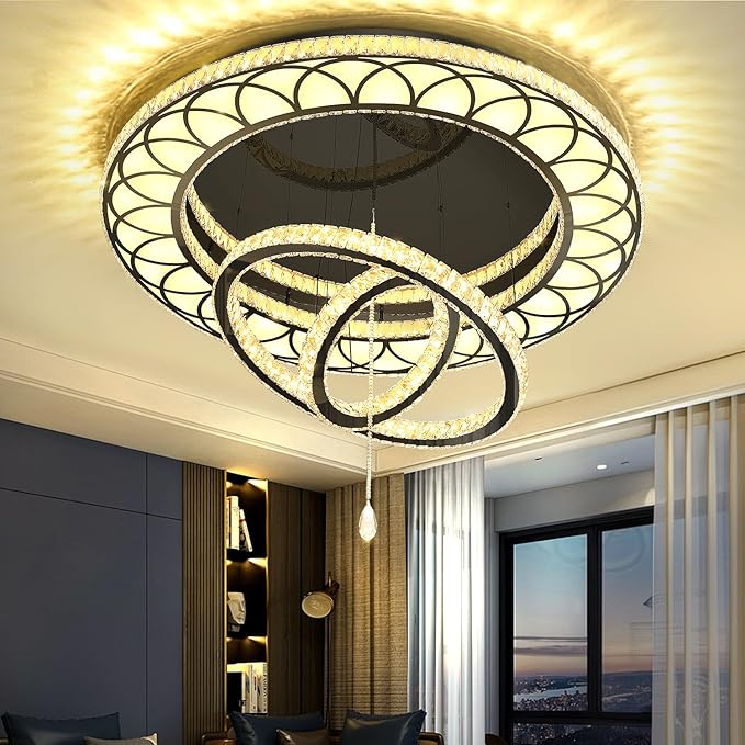 Flashing God W40'' Modern Chandeliers for Living Room Large Crystal Chandelier Flush Mount Crystal Ceiling Light LED Dimmable Pendant Light for Hallway Entryway Foyer Black