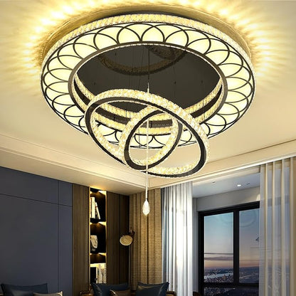 Flashing God W40'' Modern Chandeliers for Living Room Large Crystal Chandelier Flush Mount Crystal Ceiling Light LED Dimmable Pendant Light for Hallway Entryway Foyer Black