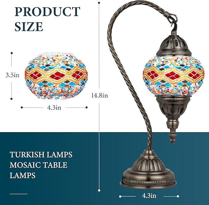 Marrakech Stained Glass Lamp Turkish Table Lamp with Tiffany Style, Handmade Moroccan Mosaic Lamps Vintage with Swan Neck Bronze Base Including LED Bulb for Living Room Bedroom Decor (Colorful3)
