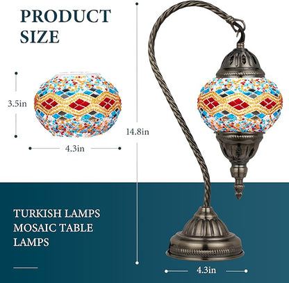 Marrakech Stained Glass Lamp Turkish Table Lamp with Tiffany Style, Handmade Moroccan Mosaic Lamps Vintage with Swan Neck Bronze Base Including LED Bulb for Living Room Bedroom Decor (Colorful3)