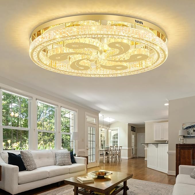 Modern Crystal Chandeliers for Dining Room Flush Mount Ceiling Chandelier for Living Room Dining Room Ring LED Crystal Ceiling Light (Round,40in Gold,Dimmable 2700K-6500K)
