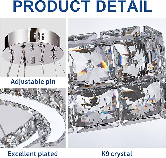 Depuley Modern LED Crystal Chandeliers: 23.6" Curved Ring Chandelier Hanging Crystal Ceiling Light Fixture - 65W Adjustable Height Pendant Light for Living Room Dining Room Bedroom Foyer