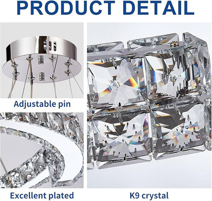 Depuley Modern LED Crystal Chandeliers: 23.6" Curved Ring Chandelier Hanging Crystal Ceiling Light Fixture - 65W Adjustable Height Pendant Light for Living Room Dining Room Bedroom Foyer