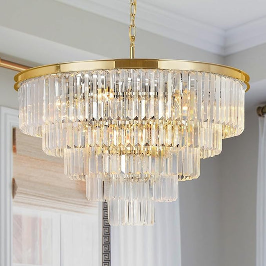 Gold Plated Modern Crystal Chandeliers Lighting Contemporary Pendant Chandelier Ceiling Lamp Lights Fixture 5-Tier (10 Lights) for Dining Living Room Entryway W28 Inch