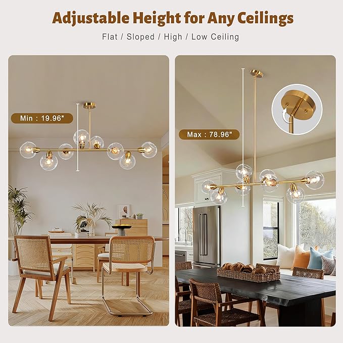 50" Gold Modern Sputnik Chandeliers, Open Clear Glass Globe Linear Chandeliers for Dining Room, 8-Light Luxury Dining Room Light Linear Kitchen Island Lights Large Long Chandelier, Electroplated Brass