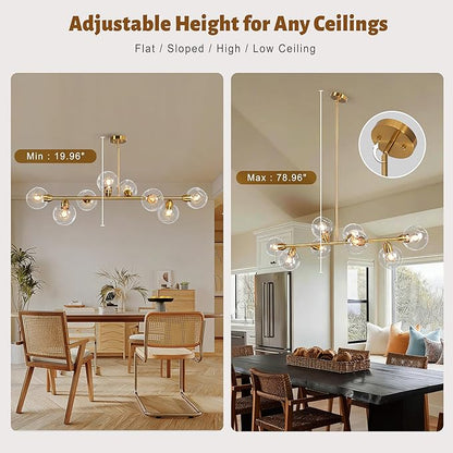 50" Gold Modern Sputnik Chandeliers, Open Clear Glass Globe Linear Chandeliers for Dining Room, 8-Light Luxury Dining Room Light Linear Kitchen Island Lights Large Long Chandelier, Electroplated Brass
