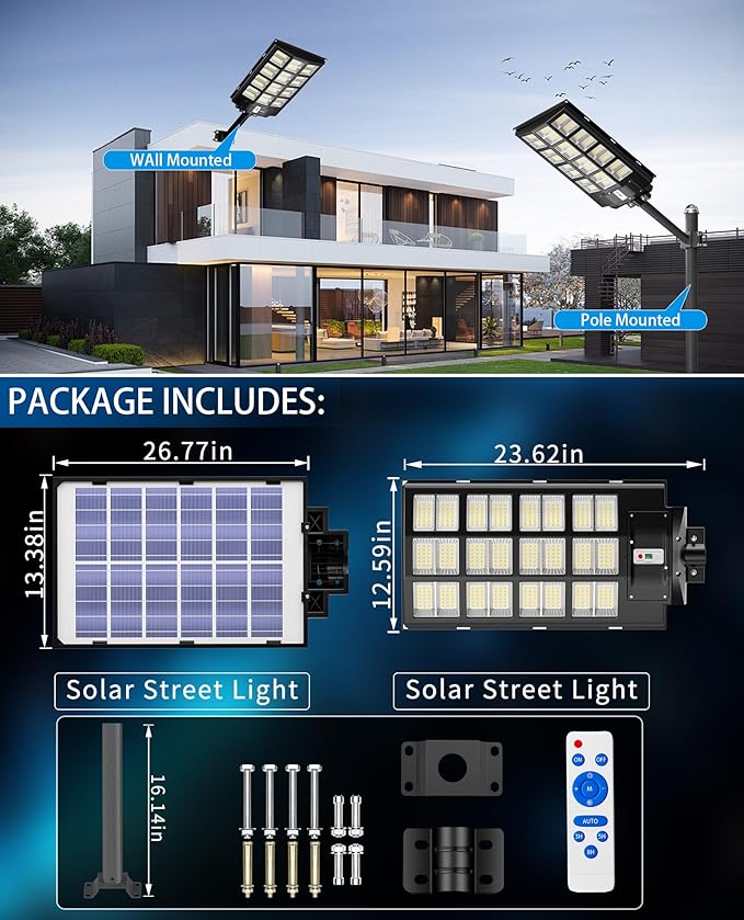 JAYNLT Y-6800W Solar Street Lights Outdoor, 600000LM 6500K Powerful Parking Lot Lights Commercial, Duks to Dawn Solar Lamp Outdoor with Motion Sensor for Yards, Driveways