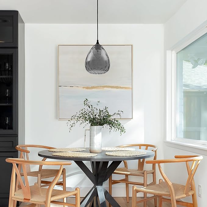 Smoked Hammered Glass Pendant Light with Matte Black Accent, Adjustable Hanging Lamp for Kitchen, Dining Room, and Living Room