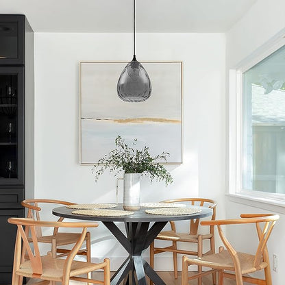 Smoked Hammered Glass Pendant Light with Matte Black Accent, Adjustable Hanging Lamp for Kitchen, Dining Room, and Living Room