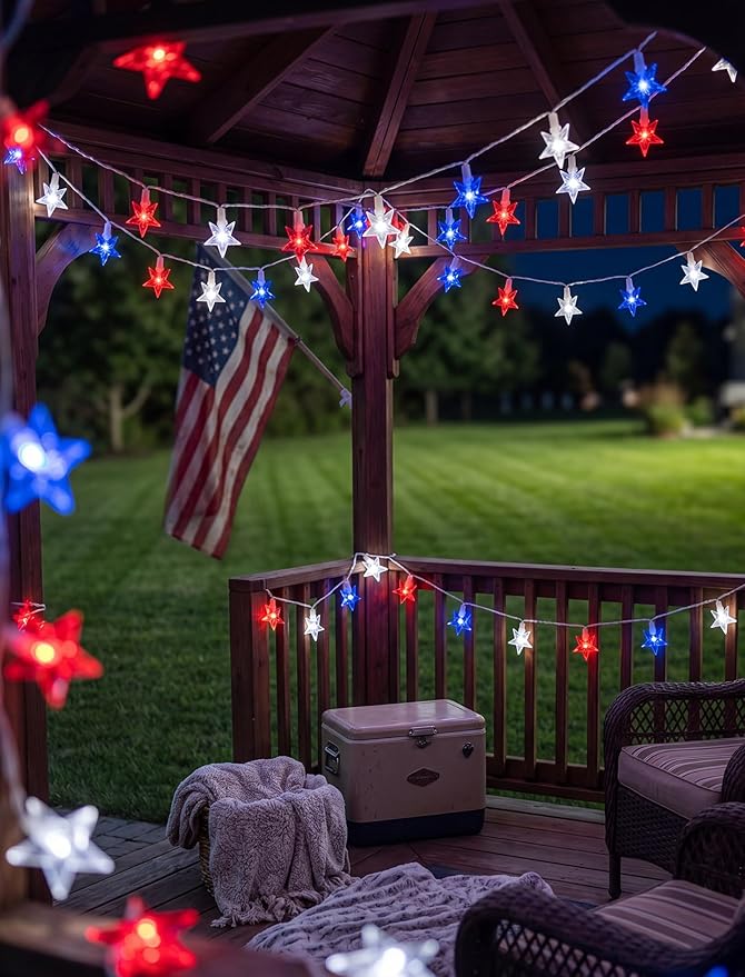 GOOTHY 13.6Ft LED Red White and Blue Star String Lights Plug in, Outdoor 4th of July Decorations Lights with 35 LED Star Light, Hanging Fairy Light for Independence Day Party Garden Patio Birthday