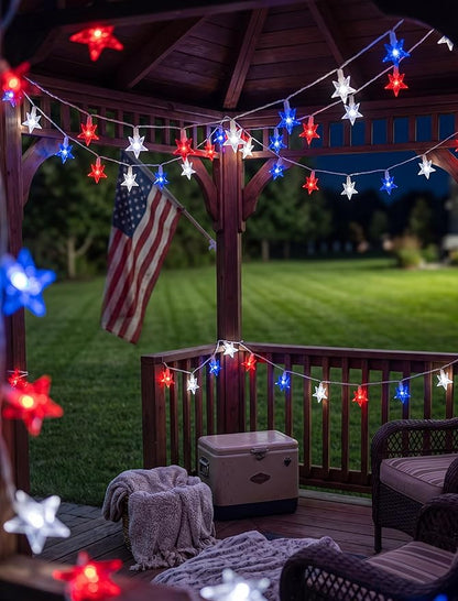 GOOTHY 13.6Ft LED Red White and Blue Star String Lights Plug in, Outdoor 4th of July Decorations Lights with 35 LED Star Light, Hanging Fairy Light for Independence Day Party Garden Patio Birthday
