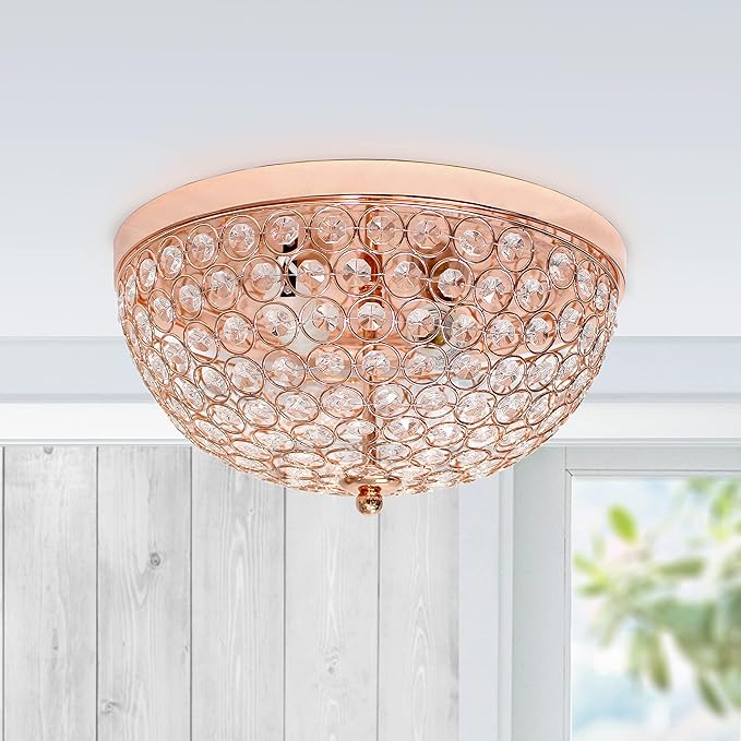 Elegant Designs FM1000-RGD-2PK Elipse Crystal 13 Inch Modern Metal 2 Light Bowl Shaped Ceiling Flush Mount Fixture 2 Pack, Rose Gold